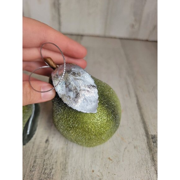 Frosted green pear fruit set ornament Xmas shiny - Picture 7 of 8